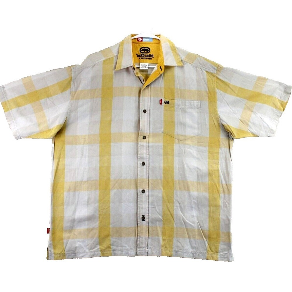 Ecko Unltd Mens XXL Plaid Short Sleeve Button Up Shirt Yellow White Woven